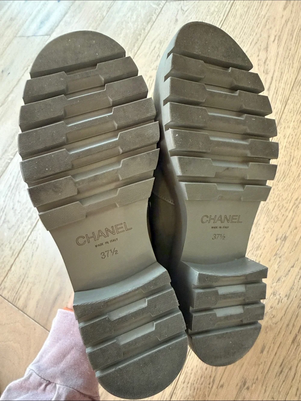 Chanel Khaki Green Leather Lug Sole Loafers